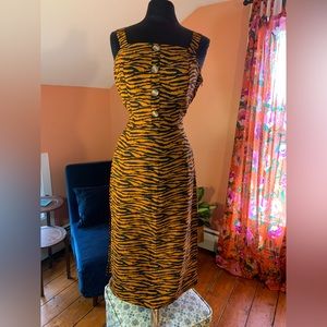 Tiger stripe, casual, midi dress with buttons and tie back